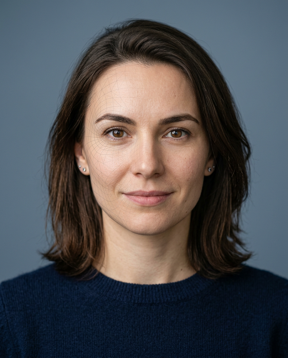 Example AI avatar: a photorealistic digital double of a woman, with a faint facial mesh visible on one side of the face